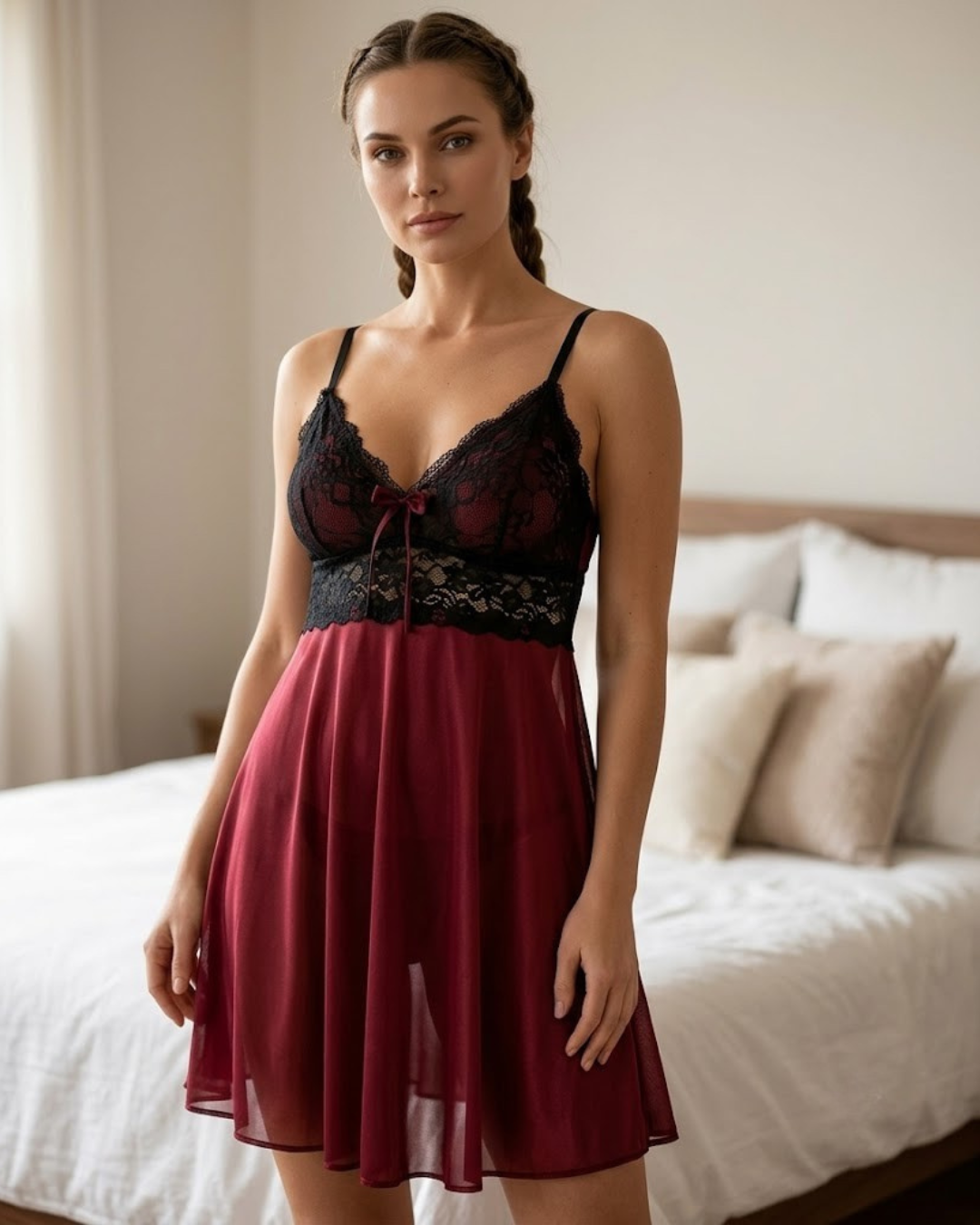 Floral Lace Frock Style Silk Nightwear - 425