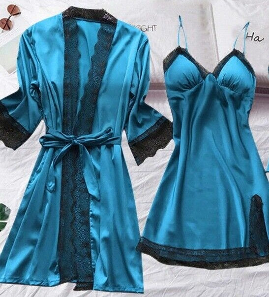 Satin Silk Lace Pajama 2PC Sleepwear Gown Estoretime