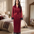 Satin Silk Long kimono Robe Night Gown with Lace