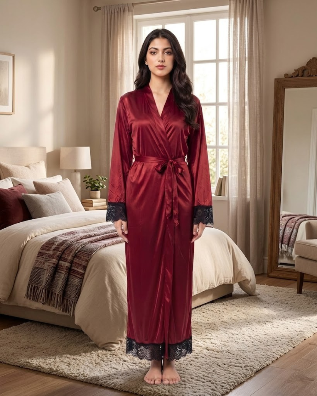 Satin Silk Long kimono Robe Night Gown with Lace