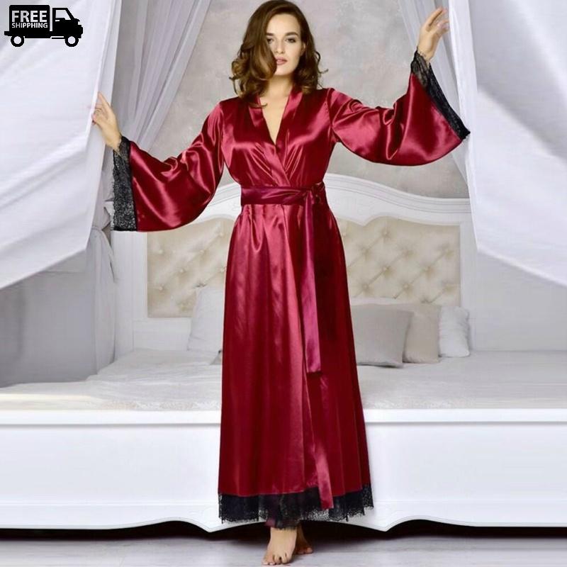 Night Time Robe Satin Silk Long kimono Robe Night Gown with Lace – Estoretime